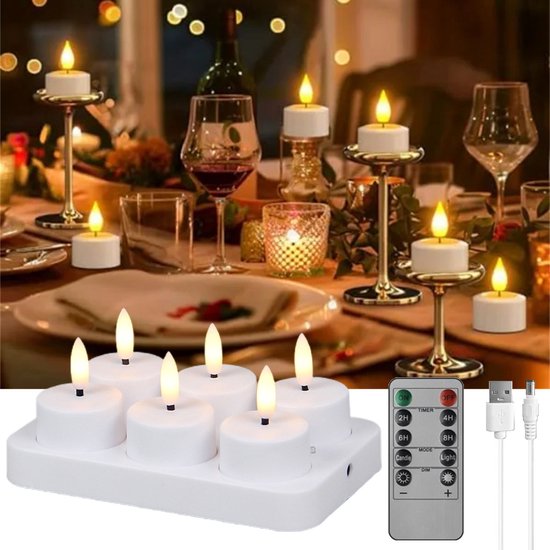 Led Kaars - 3D Oplaadbare Led-Theelichtjes - Set Van 6 Oplaadbare Led-Kaarsen - Met Afstandsbediening En Timer - Oplaadstation Met 6 Compartimenten - Knipperende/Constante Modus, Lichtsterkte Instelbaar - Voor Tafel, Halloween, Kerstdecoratie