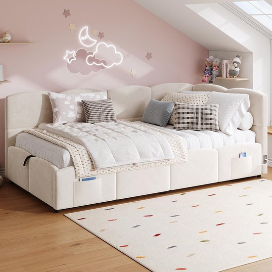 Gestoffeerd kinderbed van fluweel - 90x200cm - met opbergruimte - Roze