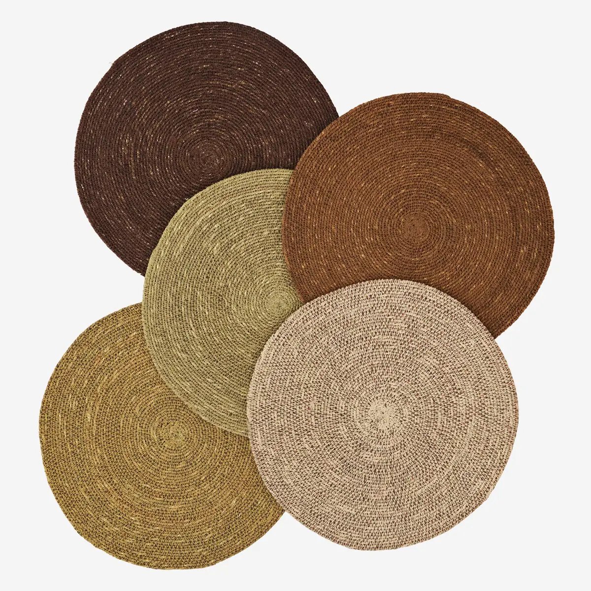 Madam Stoltz - Zeegras Placemats set van 5 in bruin, oranje, geel, groen, lichtroze - 32 cm