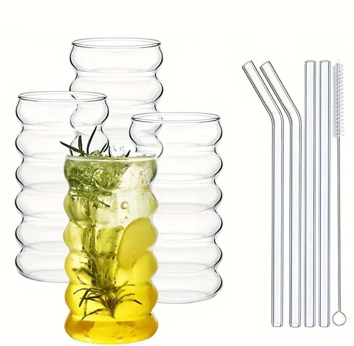 Luxe Handgeblazen Drinkglazen Set - Gegolfd Cirkelvormig - Matcha Glazen - Gemaakt van Hoogborosilicaatglas voor Warme en Koude Dranken zoals Cocktails, Koffie, Sap, Frisdrank en Matcha - 4 x 500ml met Herbruikbare Rietjes