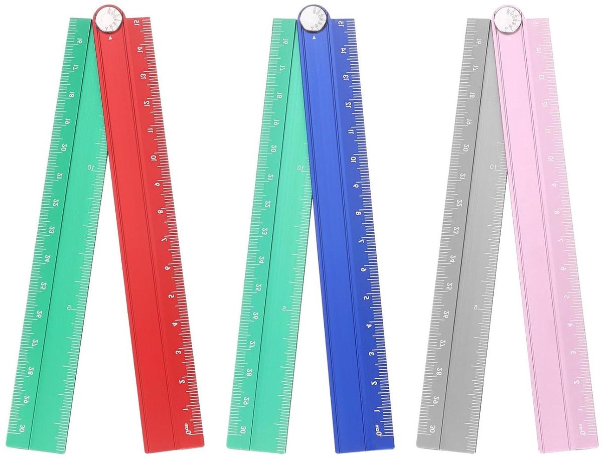 Allecto plus - Vouwliniaal 30 cm voor architecten met gradenboog en hoeklijn - 3 stuks in roze, zilverblauw en groenroodgroen - Opvouwbare aluminium liniaal metrisch meetgereedschap