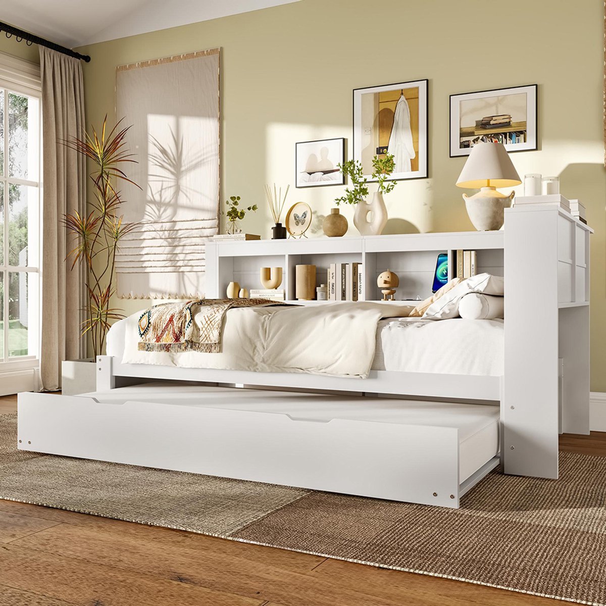 Pugsdrly Dagbed, 90 x 200 cm, slaapbank, dagbed met uitschuifbaar bed, met stopcontact en 2 USB-poorten, bed met lattenbodem (zonder matras), spaanplaat, wit