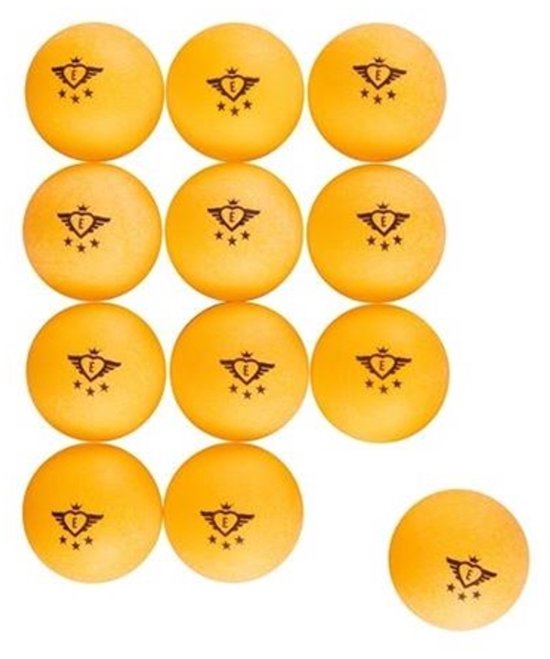 Twaalf oranje tafeltennisballen, elk met een zwart logo met een kroon, vleugels en sterren.