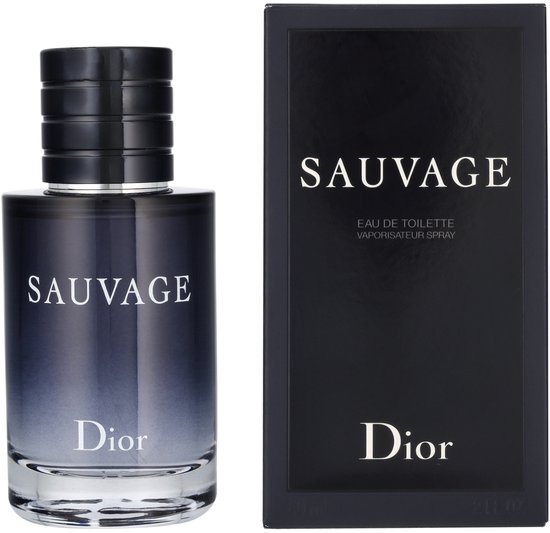 Dior Sauvage Eau de Toilette fles en verpakking. Fles met blauw/grijs verloop en witte tekst.