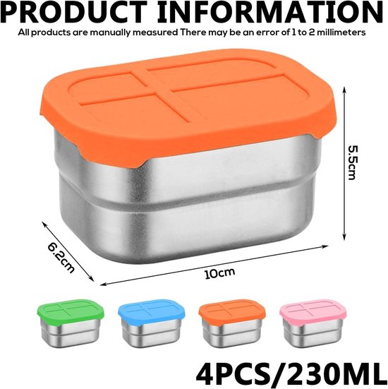 3 stuks roestvrijstalen snackdozen, snackcontainers, 230 ml, klein, snackbox, roestvrijstalen snackbox, kleine blikjes met deksel van siliconen, lekvrije snackbox, klein voor snacks, fruit, muesli