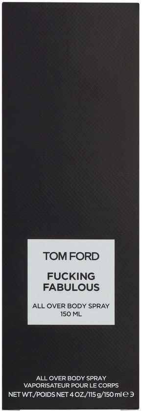 Zwarte verpakking met witte opdruk: TOM FORD FUCKING FABULOUS ALL OVER BODY SPRAY 150 ML.