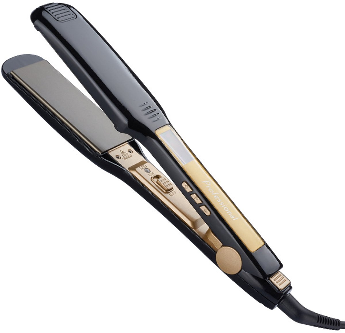 Stijltang, stijltang, multifunctionele krultang, stijltang met clip, professionele keramische stijltang, vermindert pluis, glanzend en glad, hittestylingtool, zwart goud