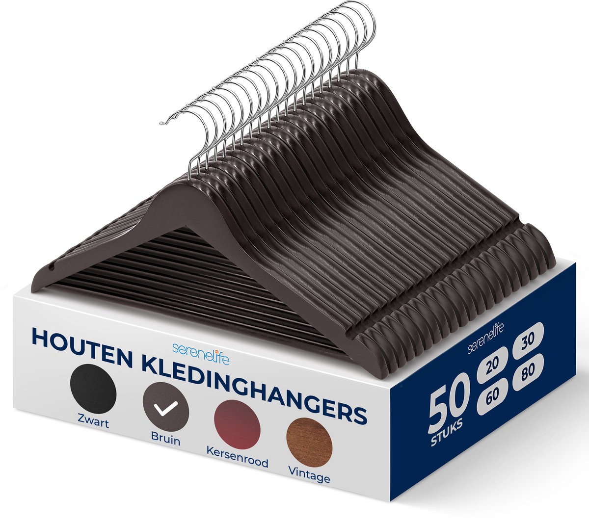 SereneLife Kleerhanger - Houten Hangers - Antislip Ruimtebesparende Kledinghangers - met 360° Draaibare Haak en Inkepingen - 50 Stuks - Duurzaam en Sterk voor Hemden, Truien, Hoodies, en Jurken
