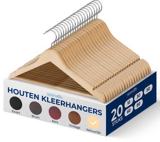 ABHENG Kleerhangers van hout, 50 stuks, houten kleerhangers voor kleding, natuurlijke ruimtebesparende kleerhanger, 360° draaibare haak, antislip broekstang, natuurlijk, AWY0350N