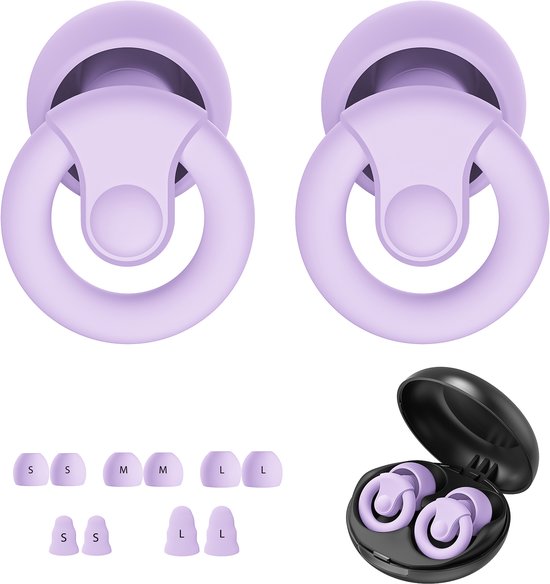 Twee paarse oordopjes met ring, verschillende maten siliconen en schuim tips, en een oplaaddoosje.
