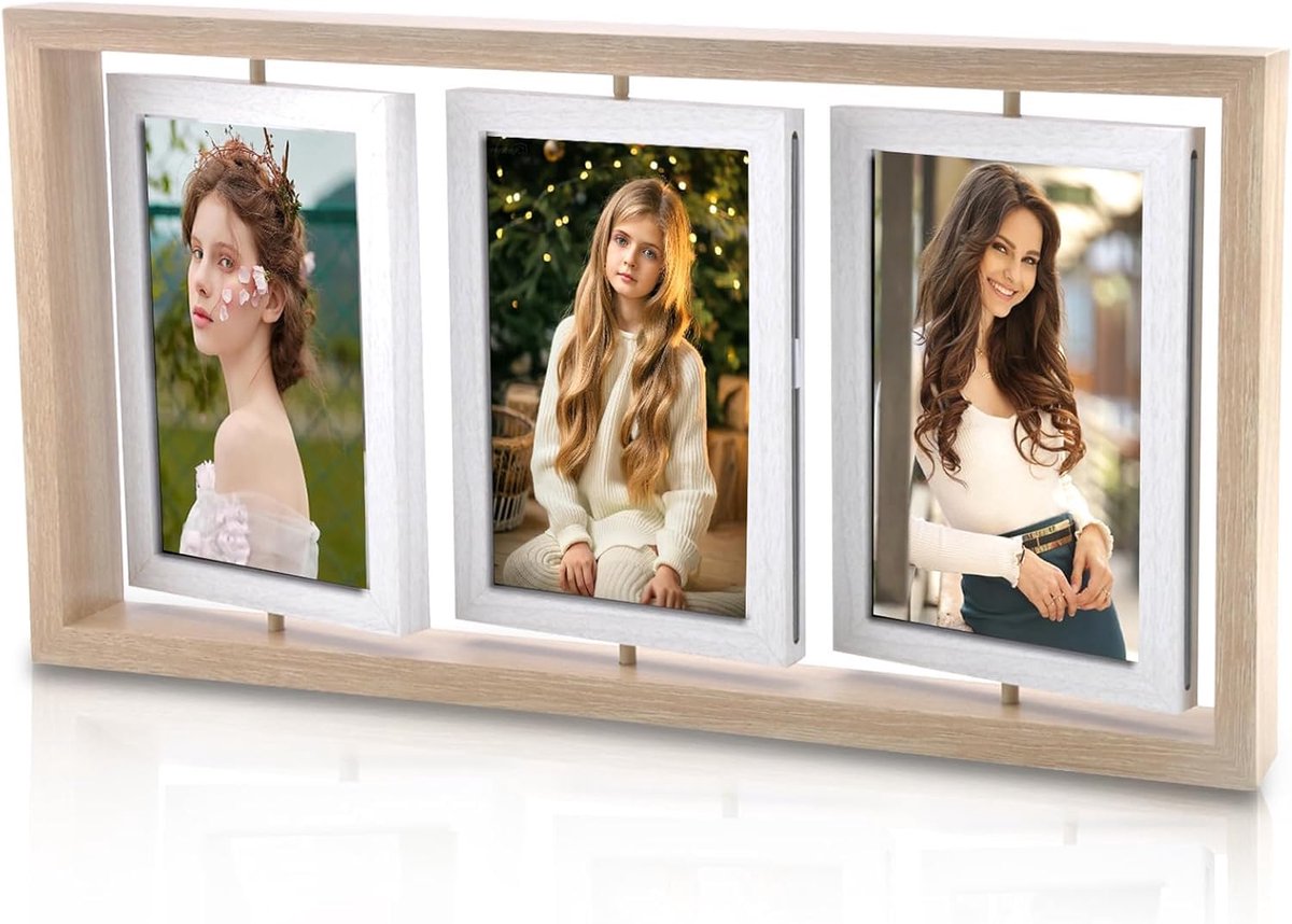 360° Draaibare Houten Fotolijst – Dubbelzijdige Collage Frame voor 6 Foto’s 11x16 cm met Plexiglas – Stijlvol Interieur & Geschenk