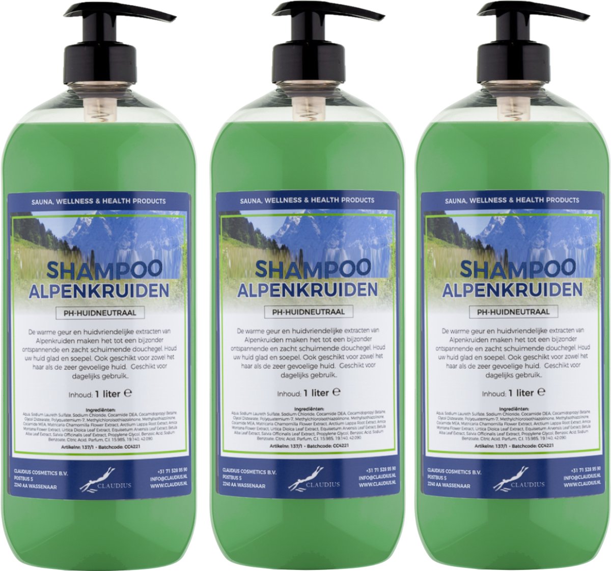 Shampoo Alpenkruiden - 1 liter (transparant) - 3 Stuks - met pompen - Voordeelverpakking - Haarverzorging