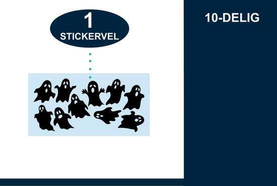Een vel met 10 zwarte spookstickers op een lichte achtergrond. "1 STICKERVEL 10-DELIG"