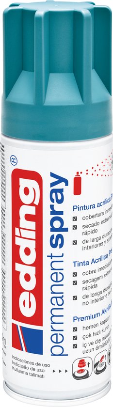 Een spuitbus edding permanent spray in de kleur petrol mat, met een losse dop.