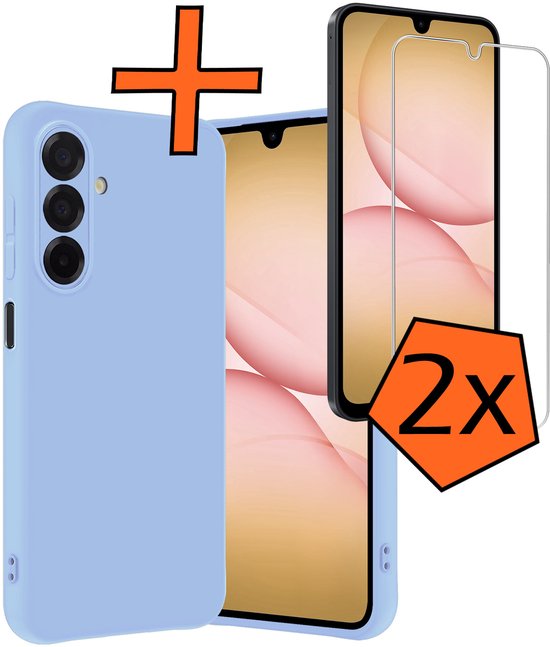 Coque de téléphone bleu clair et deux protecteurs d'écran avec indication '2x'.