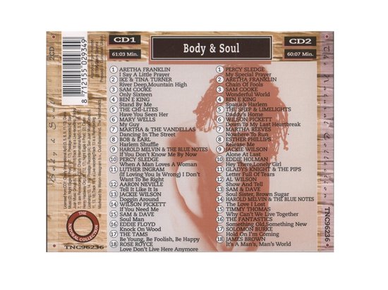 Achterkant CD-hoes met tracklist voor CD1 en CD2 van 'Body & Soul - The Natural Collection'.