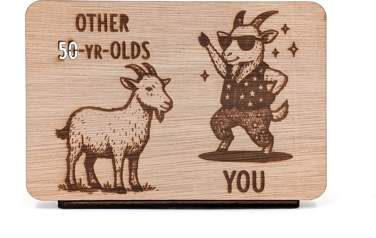 Vilewoods Houten Verjaardagskaart 50 Jaar – GOAT Humor Design – Inclusief Envelop – Handgemaakt