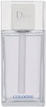 Dior Homme Cologne, een heldere fles met een zilveren dop en de tekst 'COLOGNE' in blauwe letters.