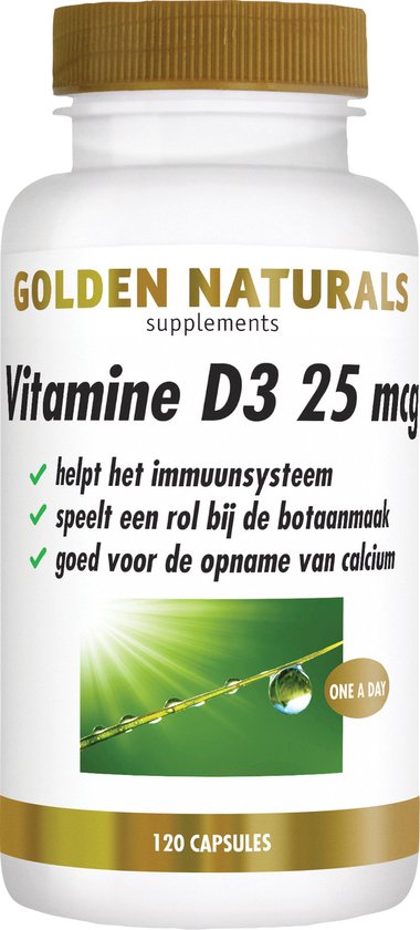 Fles met Golden Naturals vitamine D3 25 mcg supplement. Tekst: 'Helpt het immuunsysteem', 'speelt een rol bij de botaanmaak', 'goed voor de opname van calcium'. Bevat 120 capsules.