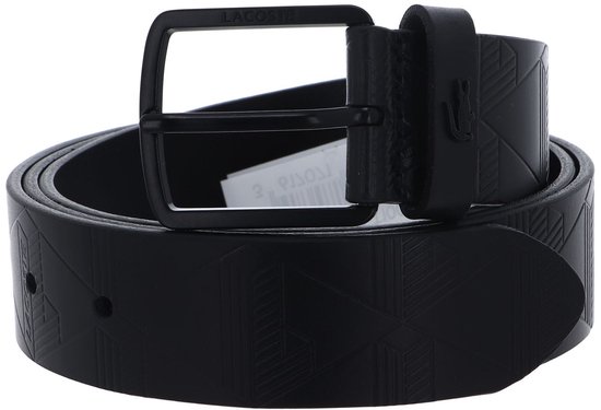 Ceinture noire avec imprimé géométrique en relief, détaillée avec la boucle noire et le logo Lacoste.
