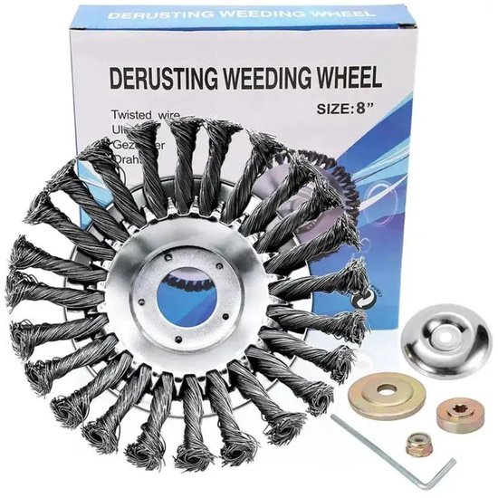 Draadvormige onkruidborstel van 8 inch in de verpakking met toebehoren.