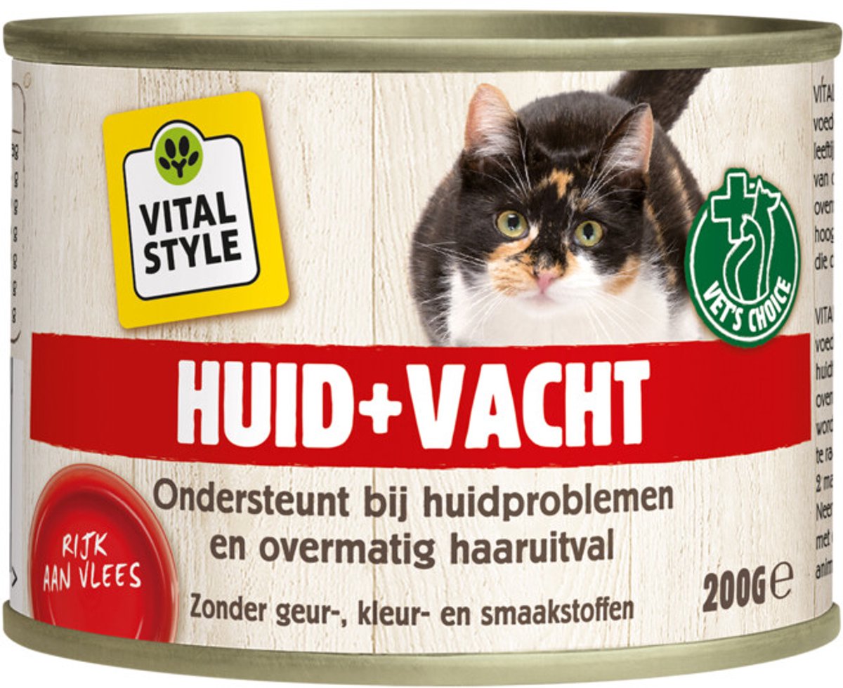Vitalstyle Kattenvoer Blik Huid & Vacht - 12 x 200 gr - Voordeelverpakking