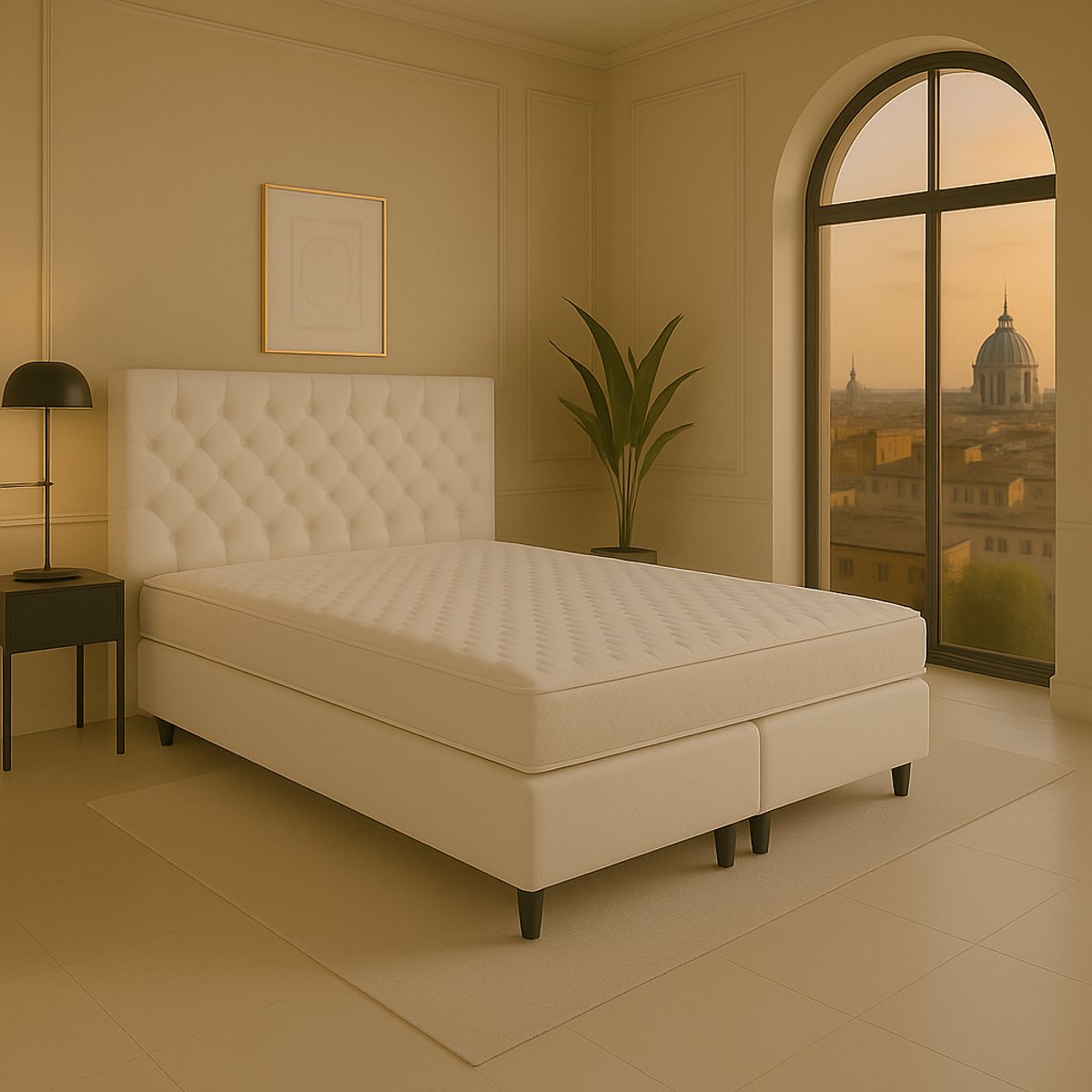 Boxspring vlak Roma 200x200 cm Luxe Pocketvering Stof sand Gratis 2x Hoofdkussens