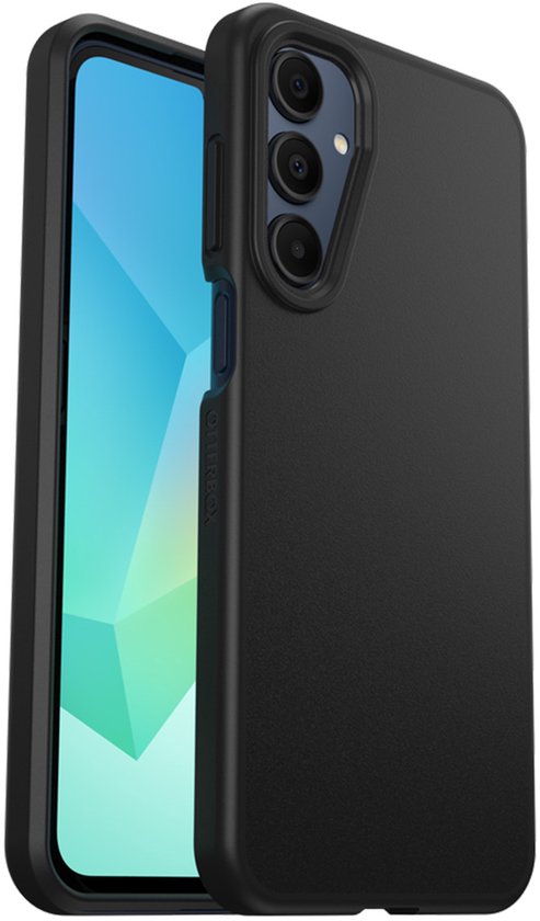 Zwarte OtterBox React hoes met een Samsung Galaxy A17/A16 telefoon, camera aan de achterkant zichtbaar.