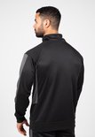 Zicht op de achterkant van een zwarte trainingsjas met grijze accenten en Gorilla Wear logo.