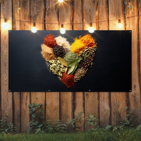 Affiche de jardin 200x100 cm - Décoration de jardin Épices - Mix - Forme de cœur - Zwart - Affiche pour le jardin - Décoration extérieure - Tableau de jardin clôture - Décoration murale sur toile de jardin - Décoration murale sur toile de balcon