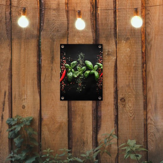 Tuinposter 30x40 cm - Tuindecoratie Chilipepers - Basilicum - Blaadjes - Rood - Poster voor in de tuin - Buiten decoratie - Schutting tuinschilderij - Tuindoek muurdecoratie - Wanddecoratie balkondoek