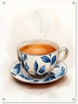Affiche de jardin 60x80 cm - Décoration de jardin Tasse à thé - Feuilles - Blauw - Affiche pour le jardin - Décoration extérieure - Tableau de jardin clôture - Décoration murale sur toile de jardin - Décoration murale sur toile de balcon