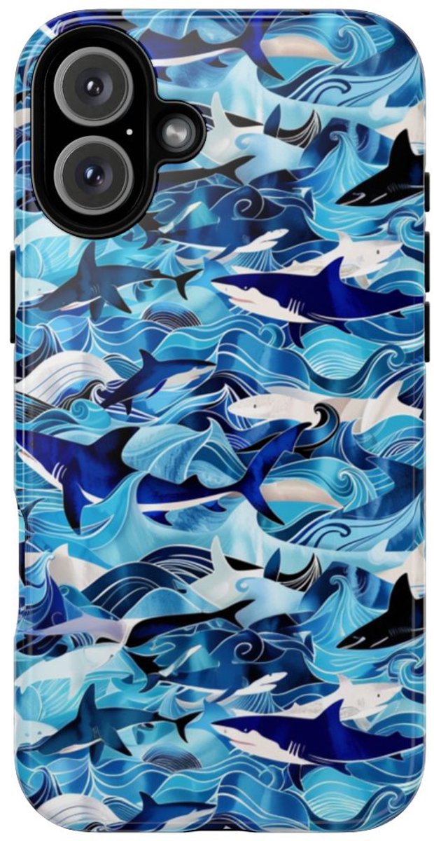 Blauwe Oceaangolven en Haaienpatroon – Telefoonhoesje Geschikt voor iPhone 16 Plus