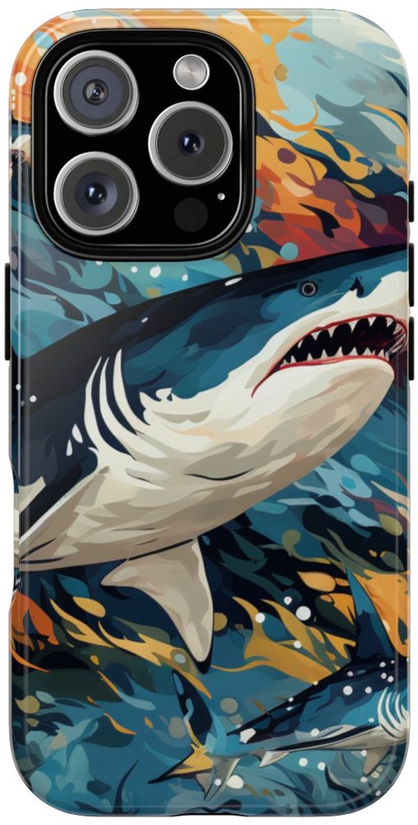 Abstracte Haaien in Oceaangolven – Telefoonhoesje Geschikt voor iPhone 16 Pro
