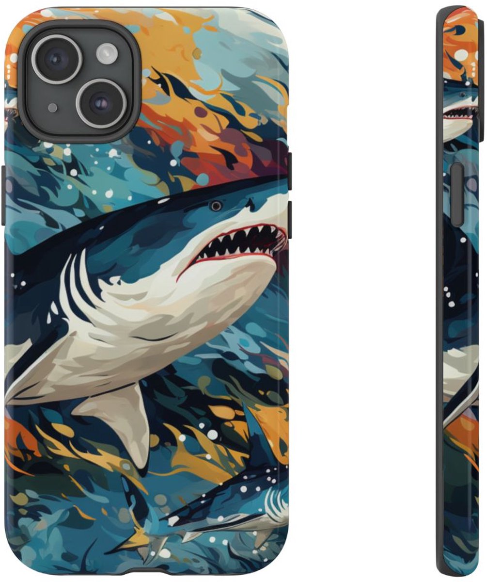 Abstracte Haaien in Oceaangolven – Telefoonhoesje Geschikt voor iPhone 15 Plus