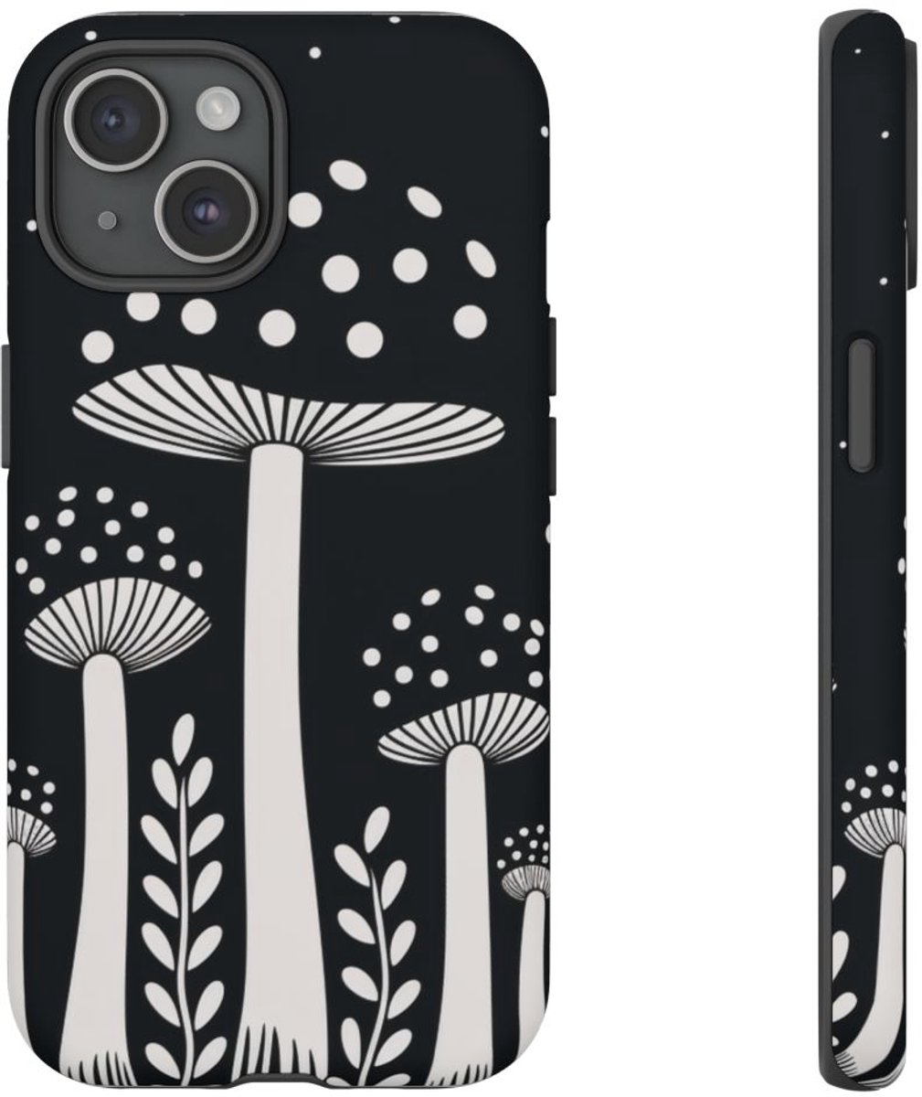 Zwart-Wit Paddenstoelenpatroon – Telefoonhoesje Geschikt voor iPhone 15