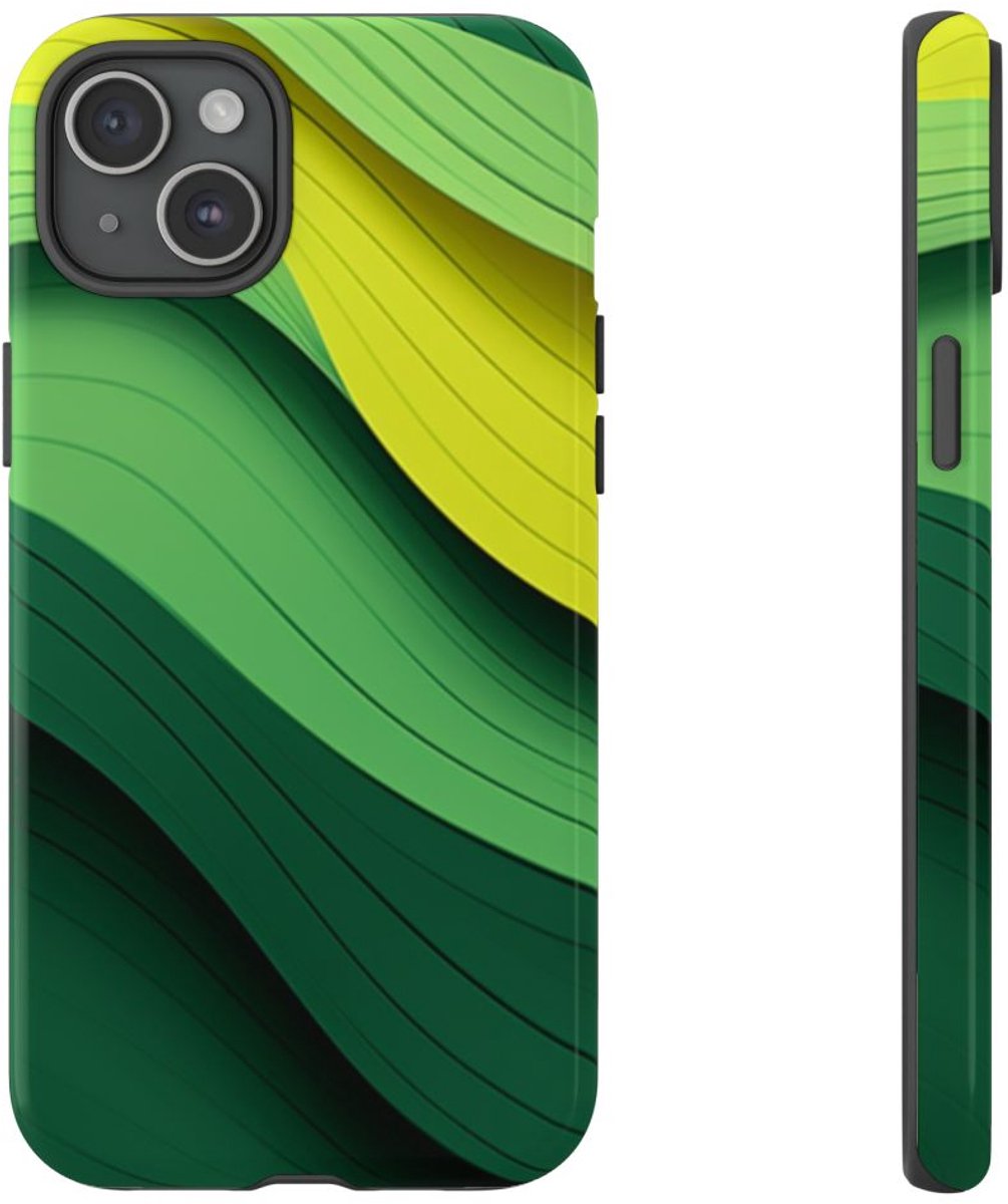 Groen-Geel Golvenpatroon – Telefoonhoesje Geschikt voor iPhone 15 Plus