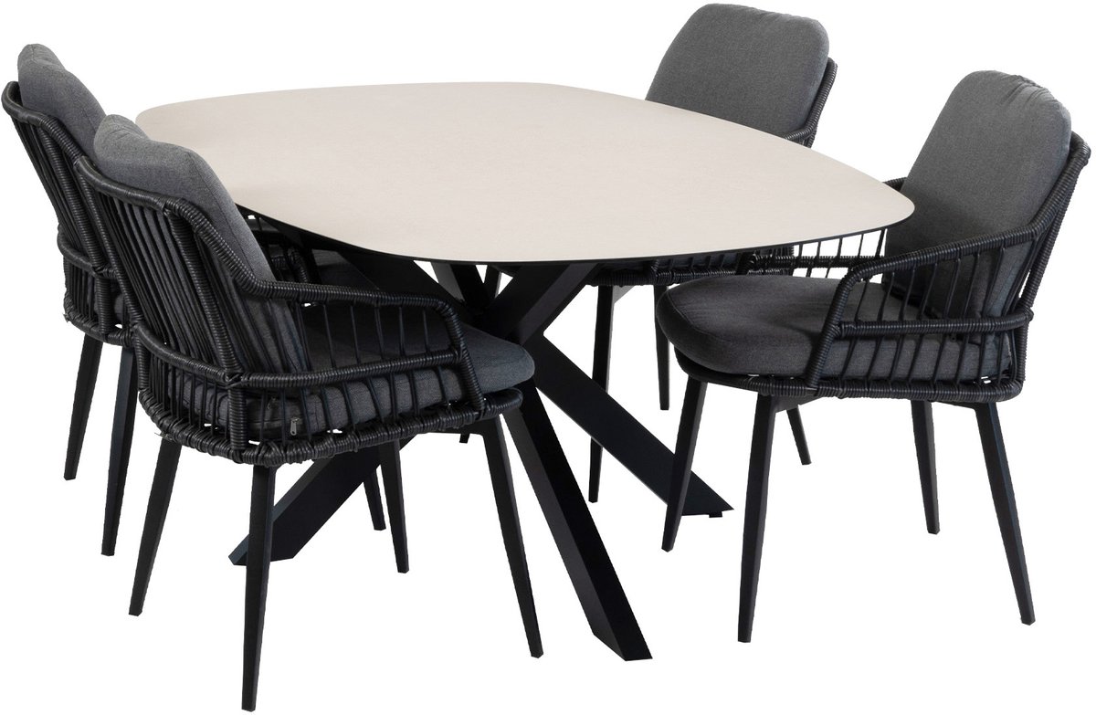 5-delige tuinset | 4 Isabel tuinstoelen (Black) | Tuintafel Malaga 180x115cm (Black)