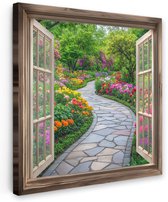 Tuinschilderij voor buiten 100x100 cm - Tuindecoratie Doorkijk - Bloemen - Tuinpad - Natuur - Raam - Tuinposter op canvas - Tuin muurdecoratie - Buitenschilderij decoratie - Schutting wanddecoratie - Buitencanvas