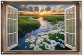 Tuinposter 90x60 cm - Tuindecoratie Doorkijk - Landschap - Raam - Water - Zonsondergang - Poster voor in de tuin - Buiten decoratie - Schutting tuinschilderij - Tuindoek muurdecoratie - Wanddecoratie balkondoek