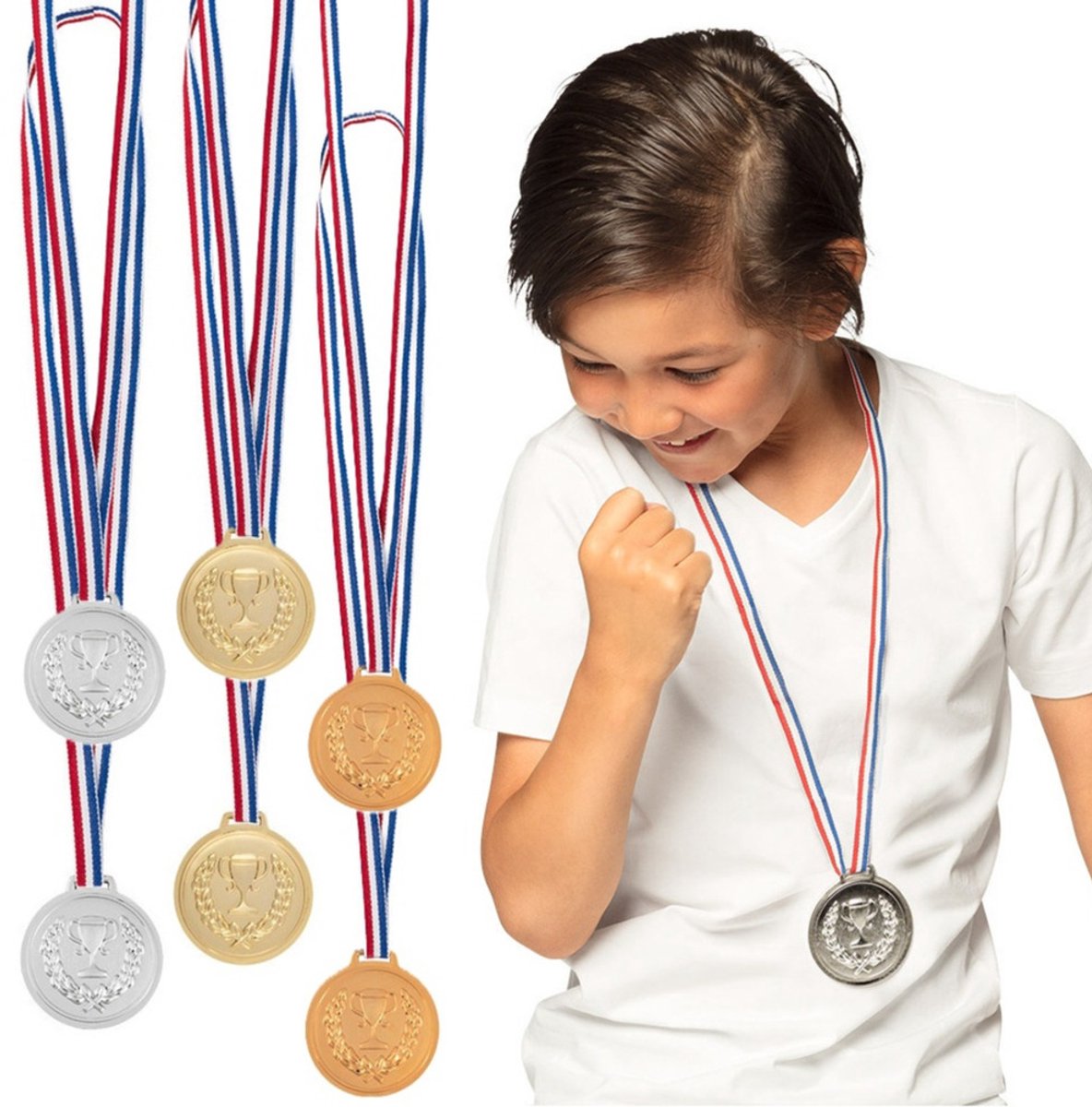 Boland Verkleed medailles met lint - Winnaar - 6x stuks - goud/zilver/brons - kunststof - 6 cm - speelgoed