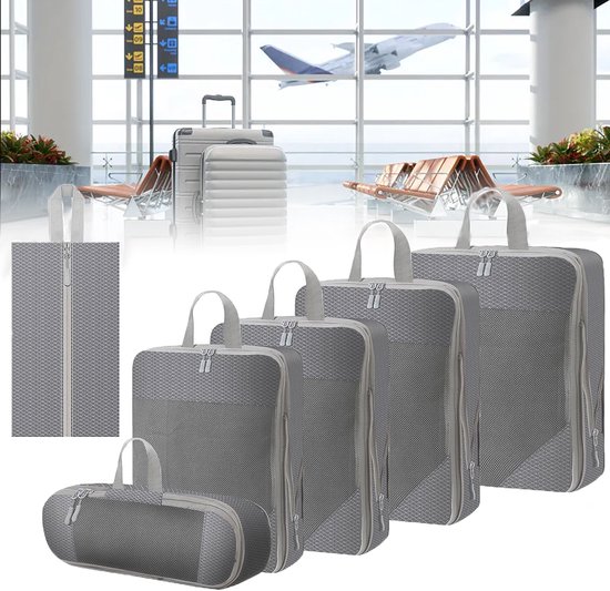Vitdipy - Cubes d'emballage de compression - 6 pièces - Avec fermeture éclair de compression - Set de rangement pour valise - Accessoires de vêtements pour bébé de voyage - Grijs
