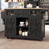 Îlot de cuisine, desserte avec plan de travail, buffet, desserte avec veinure de bois, porte-serviettes latéral, portes d'armoire tridimensionnelles avec roulettes, cloisons réglables, noir