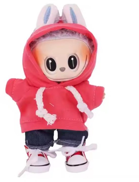 Wakiki - Altijd Handig! - geschikt voor Labubu Pop Mart Pop - Kleding Set - 3-delig Outfitje met Rode Sweater, Spijkerbroekje en Rode Sneakers - Pop Accessoires van Merkloos — afbeelding 3