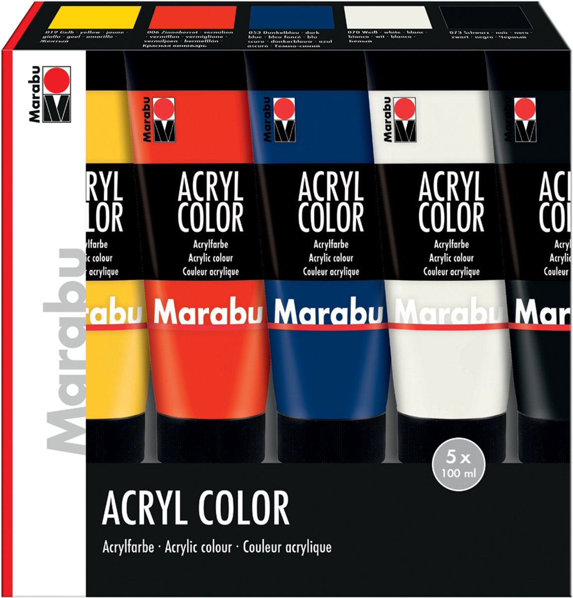 Marabu 120100087 acrielverf 100 ml Zwart, Blauw, Rood, Wit, Geel Koker