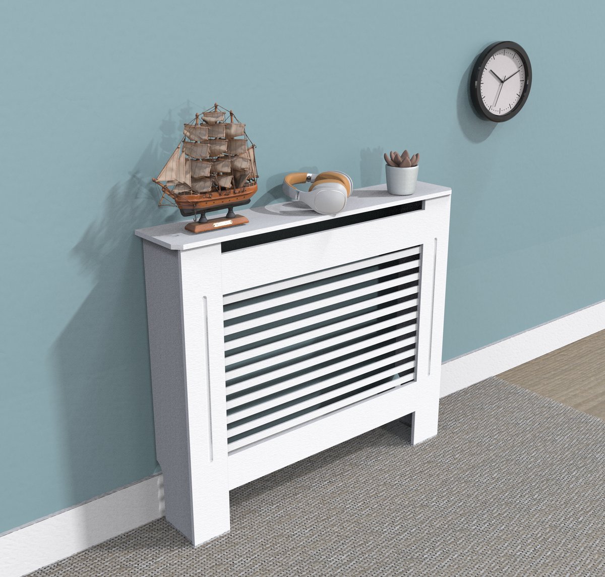 FATIVO Cache-radiateur En Bois Pour Armoire : Hauteur Intérieure 100 Cm, Couverture De Chauffage à Lattes Horizontales Blanches Moyennes, Étagère Moderne
