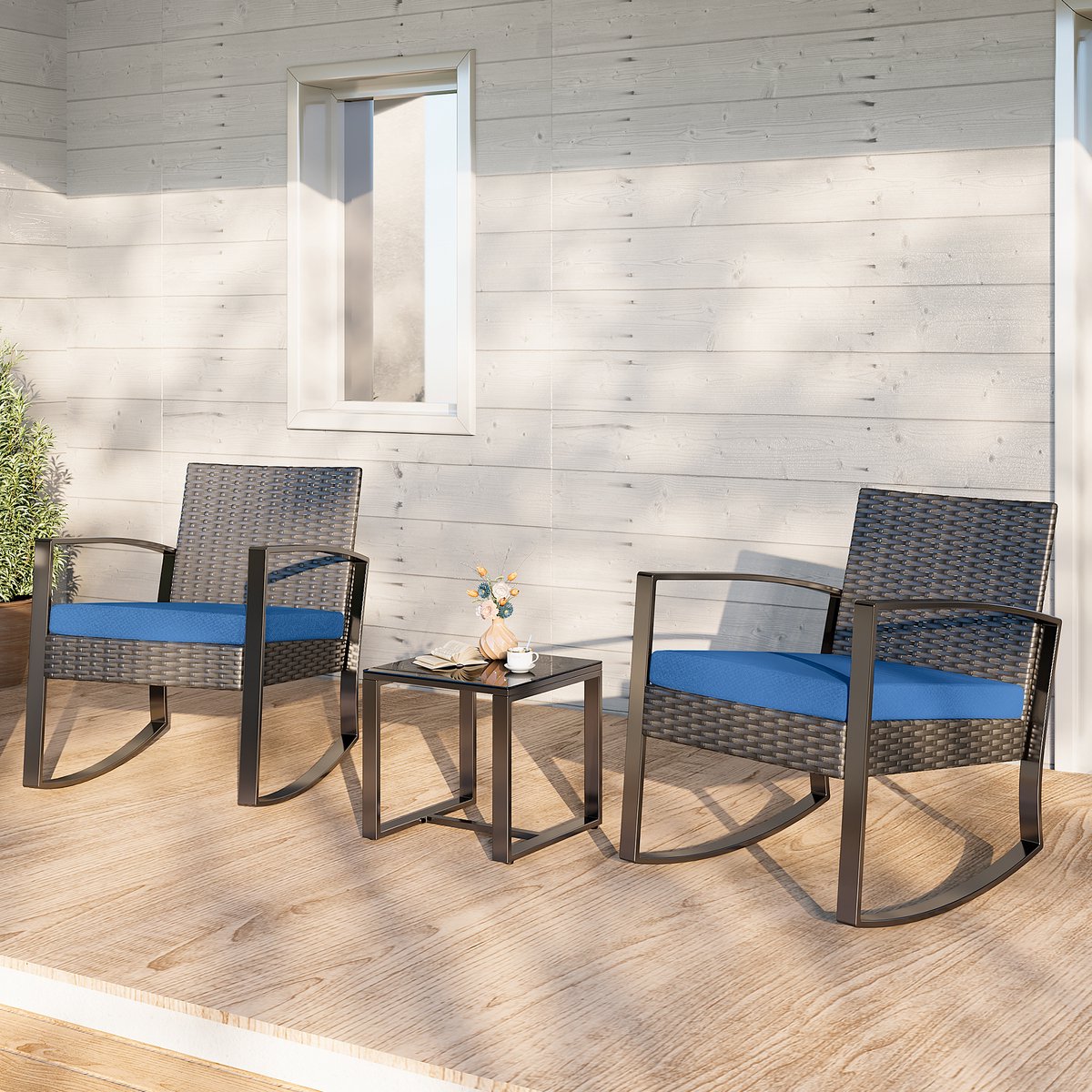 Xbro Tuinset – 3-delige Zitgroep met Rotan Stoel en salontafel , Weerbestendig en Ruimtebesparend – Outdoor loungeset – Balkonset voor Tuin, Terras en Zwembad – 60 x 50 x 80 cm – Blauw – foto 6