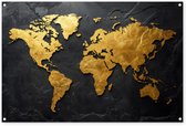 Tuinposter 120x80 cm - Tuindecoratie Wereldkaart - Goud - Steen - Poster voor in de tuin - Buiten decoratie - Schutting tuinschilderij - Tuindoek muurdecoratie - Wanddecoratie balkondoek