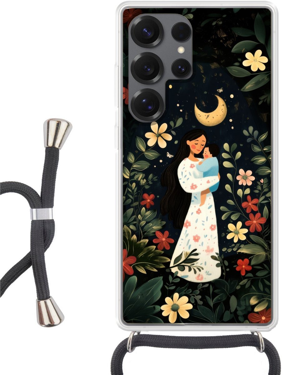 Telefoonhoesje Geschikt voor Samsung Galaxy S25 Ultra - Moeder - Kind - Kleurrijk - Bloemen - Siliconen - Crossbody - Backcover met Koord - Telefoonhoesje met koord - Hoesje met touw Telefoonhoesje