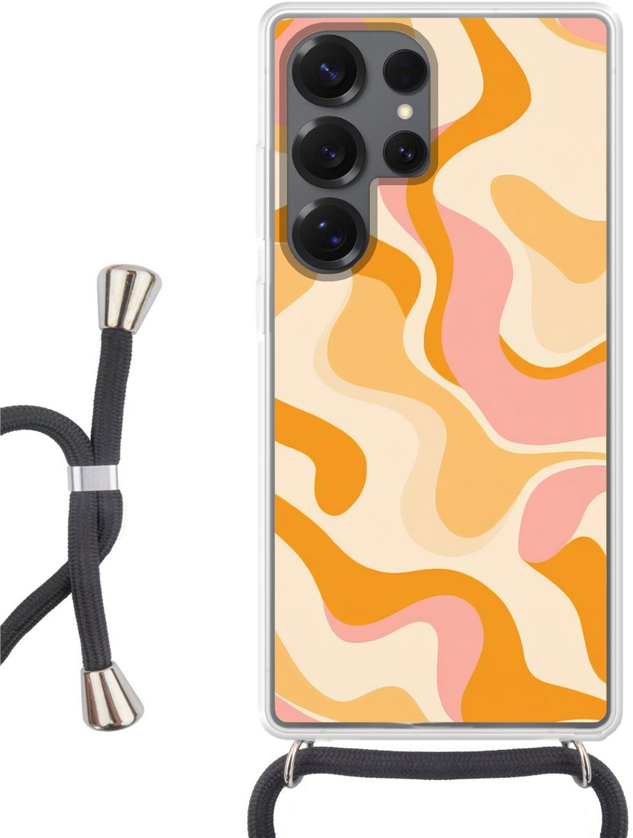 Telefoonhoesje Geschikt voor Samsung Galaxy S25 Ultra - Abstract - Golvend - Oranje - Siliconen - Crossbody - Backcover met Koord - Telefoonhoesje met koord - Hoesje met touw Telefoonhoesje